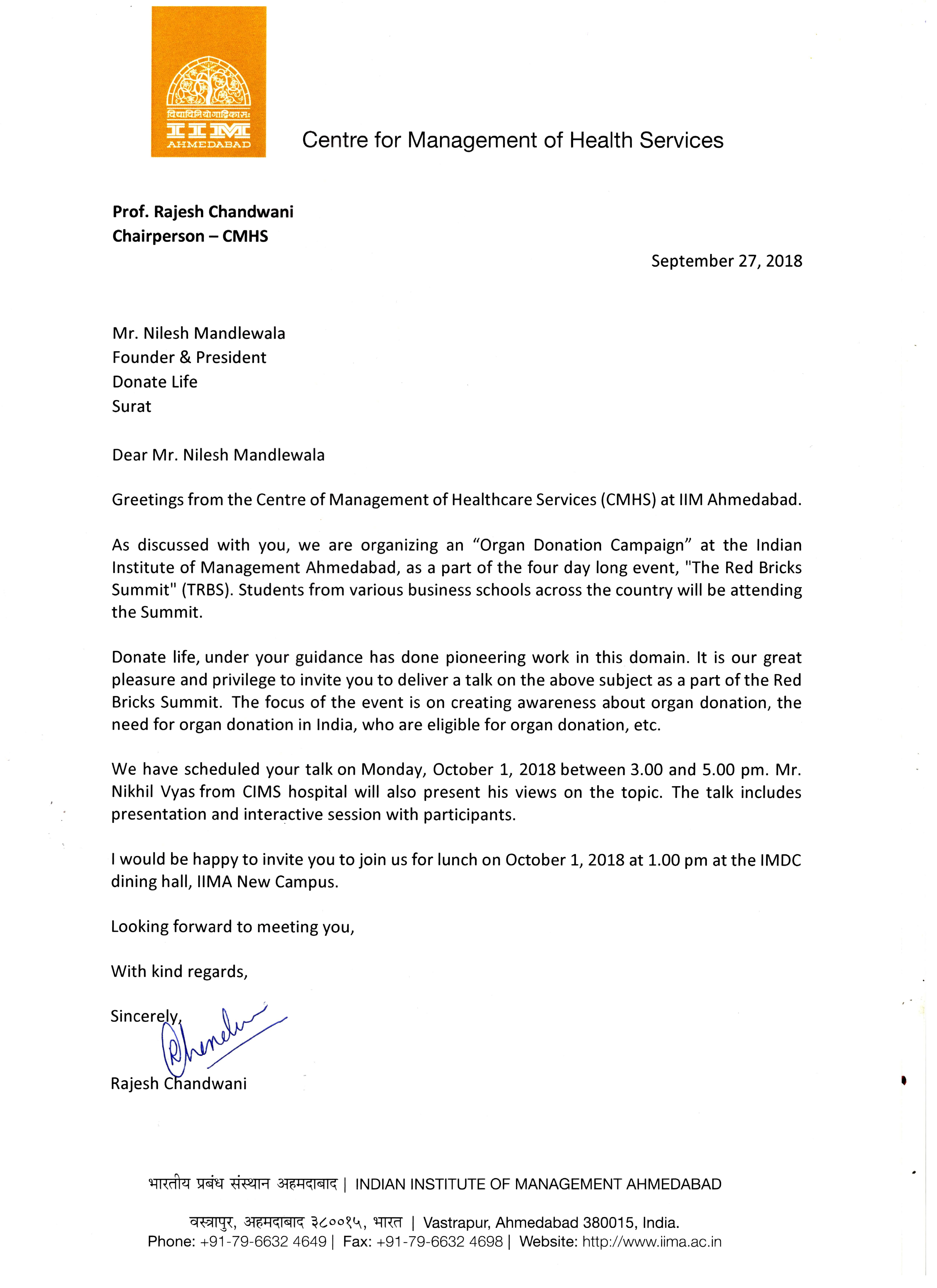 Organ Donation Awareness Program at IIM Ahmedabad